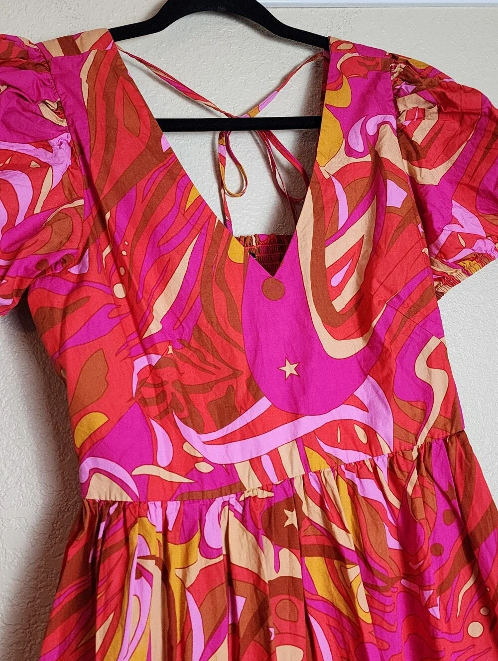 1. STATE Pink Abstract Print Open Back Midi Dress | Puff Sleeve Cotton | Medium - Picture 10 of 10